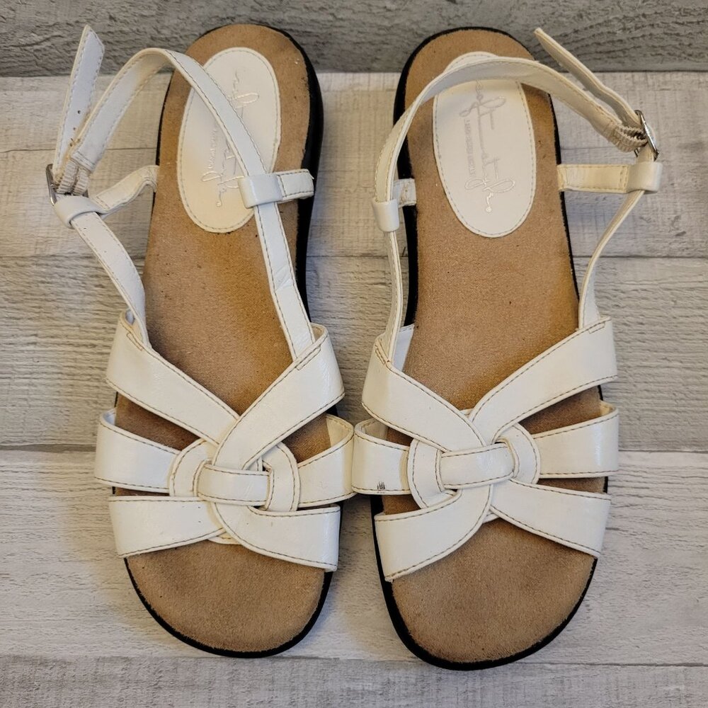 Soft Style White Leather Strappy Sandals 7M Womens Wedge Heel Adjustable